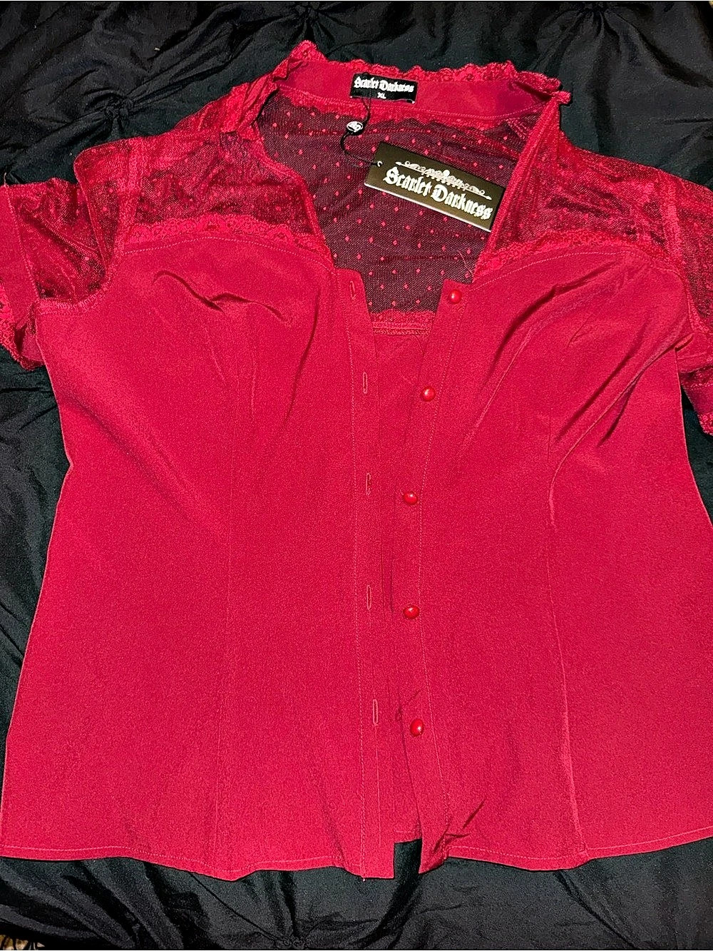 Red Lace Button Down Blouse - Picture 3 of 4